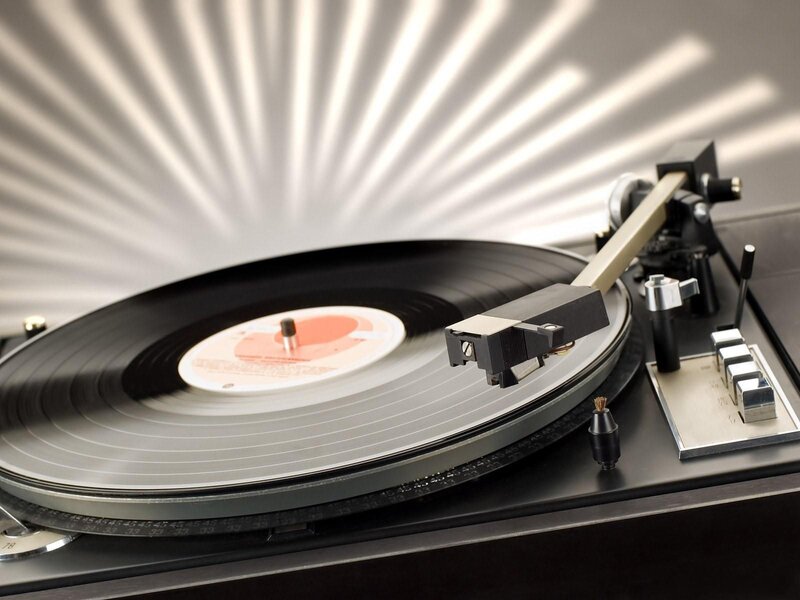 vinyl record player in action