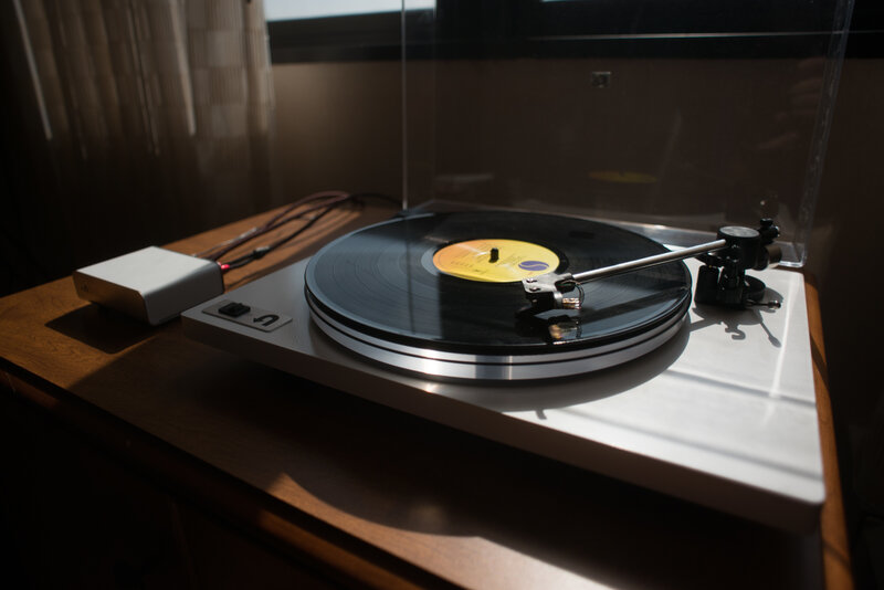 vinyl record player in sunlight