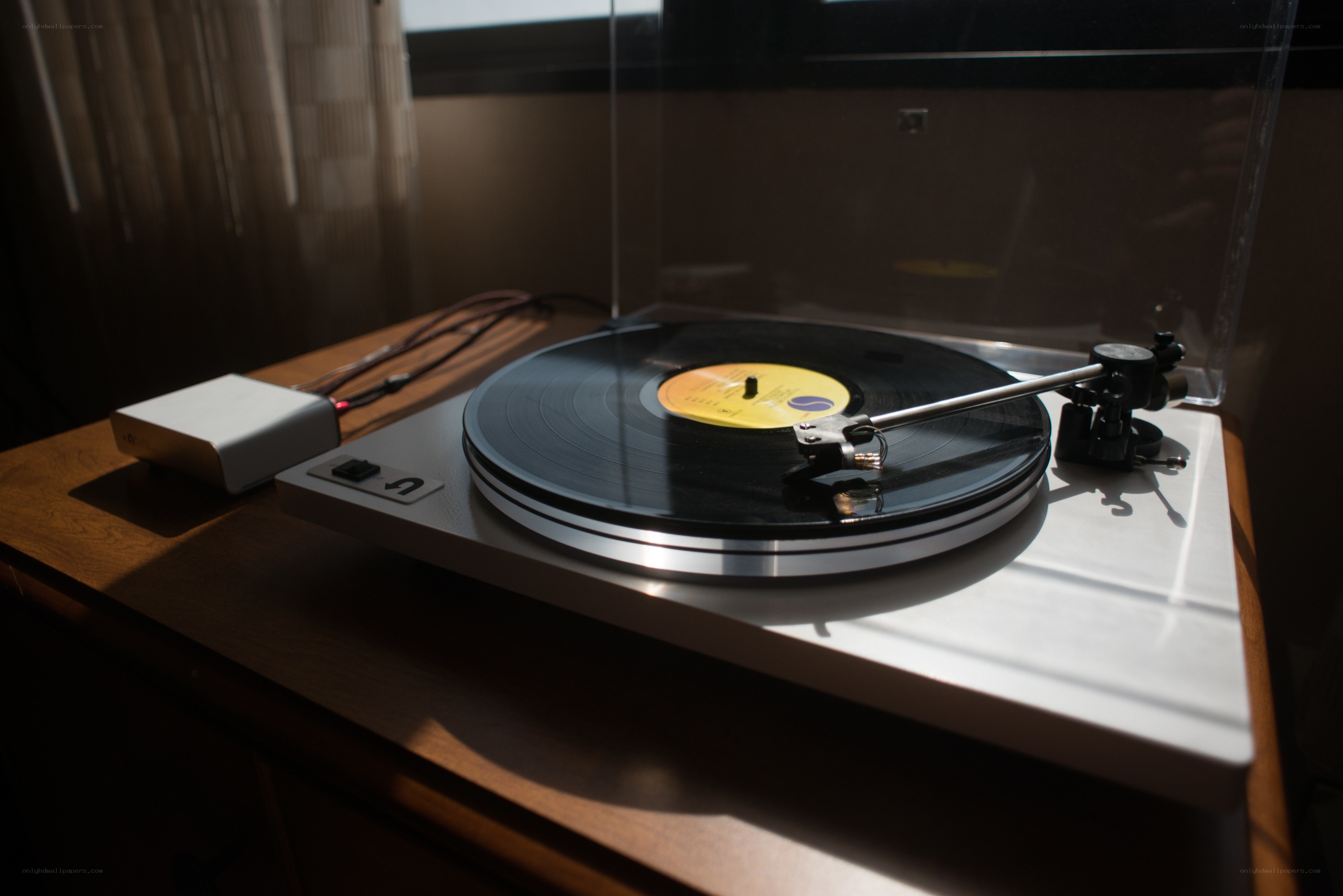 vinyl record player in sunlight