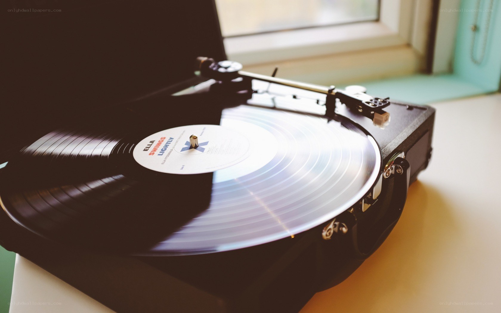 vinyl record player in use