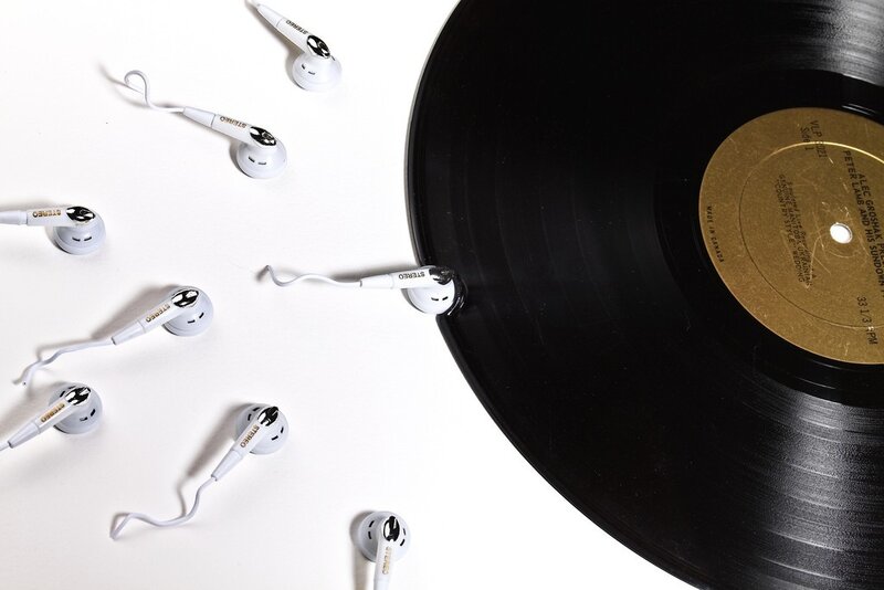 Vinyl Record with Earbuds — Black