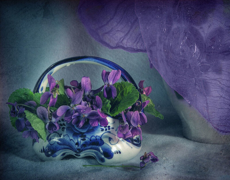 Violet Flowers in a Basket