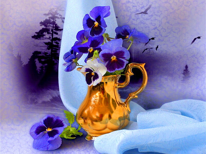 Violet Pansies in a Pitcher
