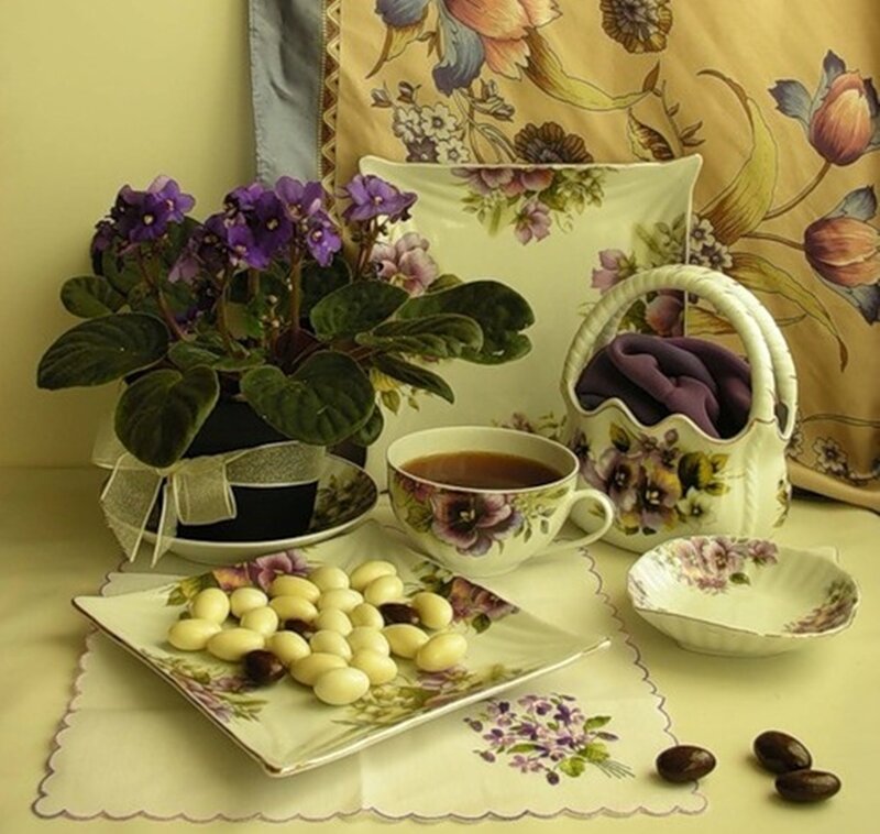 Violet Plant with Tea Set