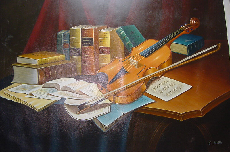 Violin and Books on Table