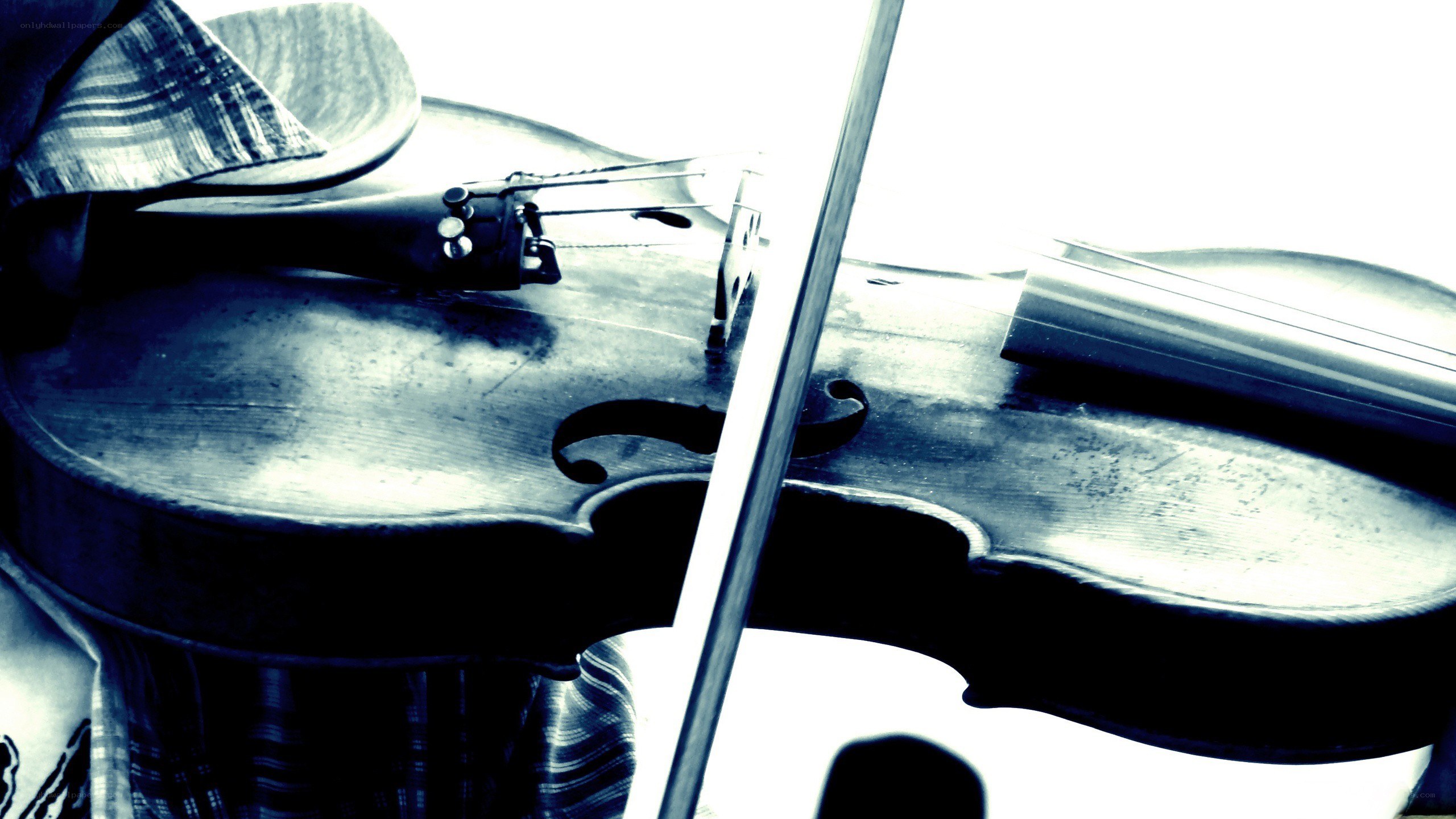 Violin and bow in blue light