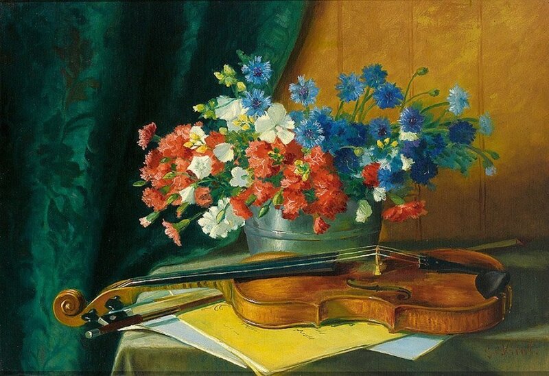 Violin and Flowers — Blue