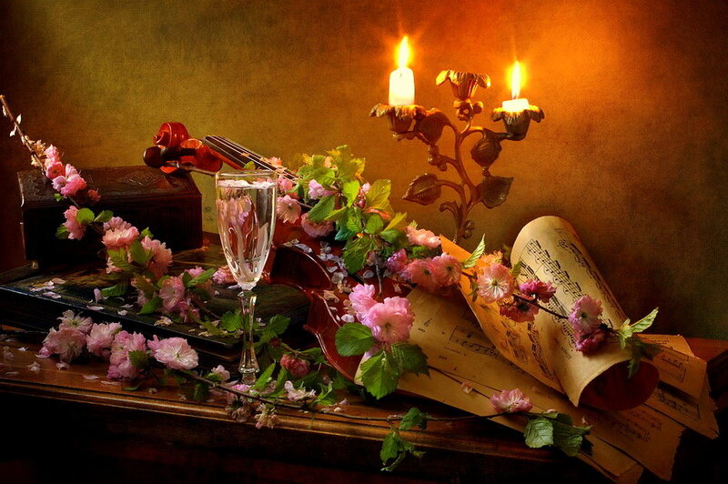 Violin and Flowers on Table