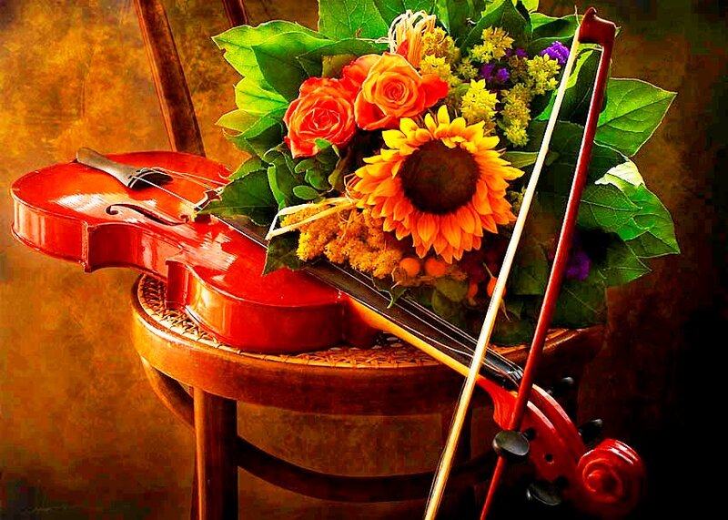 Violin and Flowers — Red, Dramatic