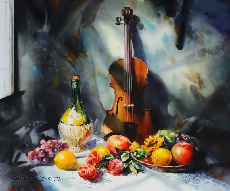 Violin and Fruit Still Life — Brown