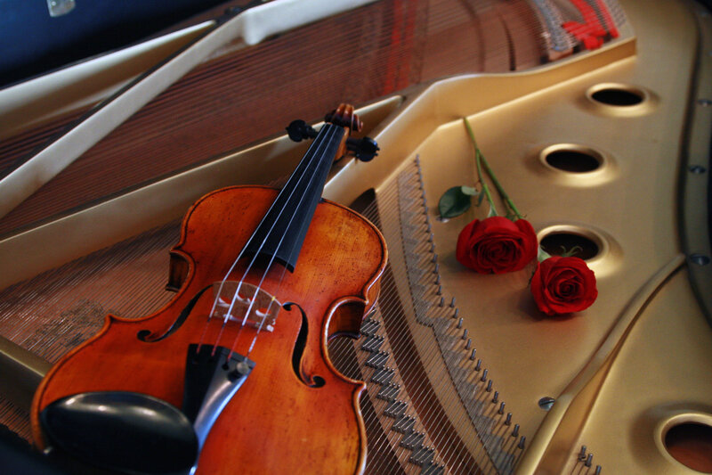 Violin and roses on piano