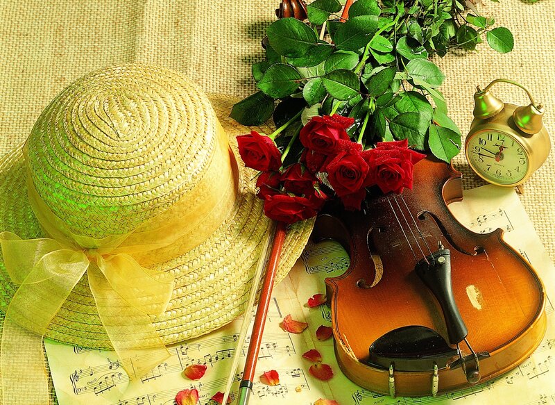 Violin and roses still life