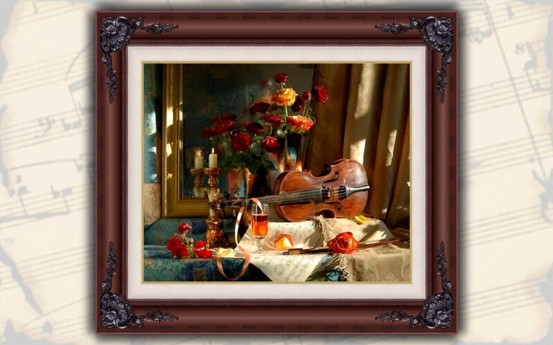 Violin and Roses Still Life — Brown