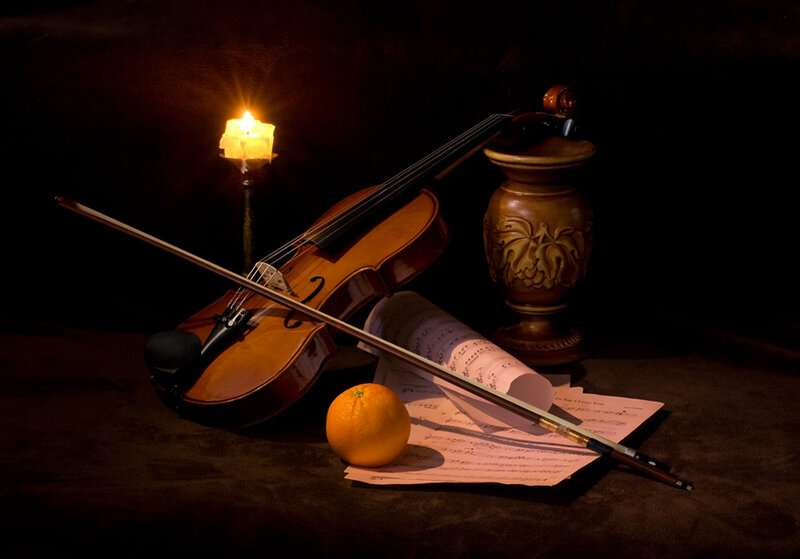 Violin and Sheet Music — Brown, Dramatic