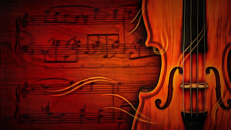 Violin and Sheet Music — Red