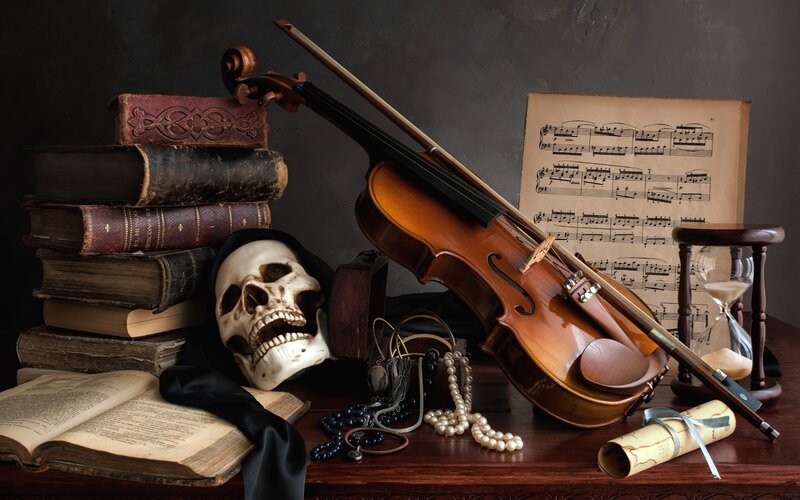 Violin and Skull on Table