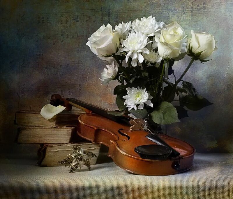 Violin and white flowers