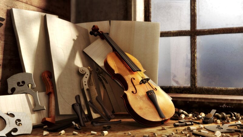 Violin in Workshop — Brown, Dramatic, Afternoon