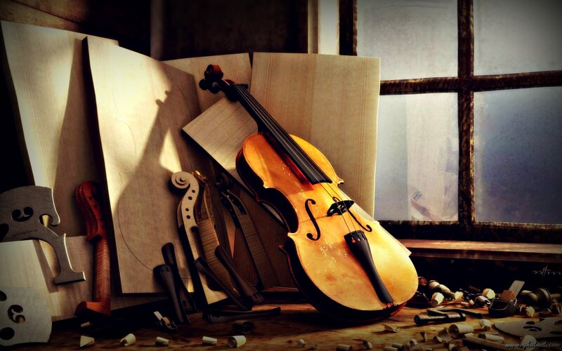 Violin in Workshop — Brown, Dramatic