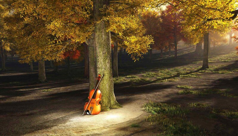 Violin Leaning Against Tree — Yellow