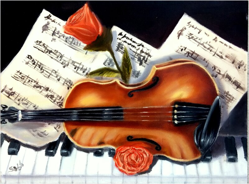Violin on Piano Keys — Brown, Dramatic, Painting