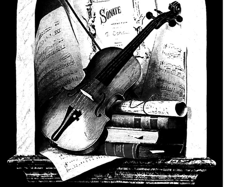 Violin on Sheet Music — Black, Dramatic