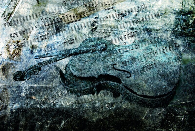 Violin on Sheet Music — Blue, Dramatic, Digital Art