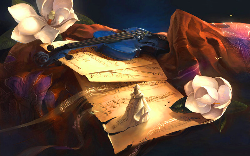 Violin on Sheet Music — Blue, Dramatic, Night, Digital Art, Flower