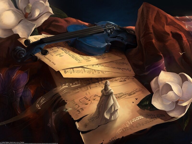 Violin on Sheet Music — Blue, Dramatic, Night, Digital Art, Sheet Music