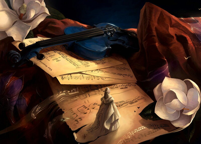 Violin on Sheet Music — Blue, Dramatic, Night, Digital Art