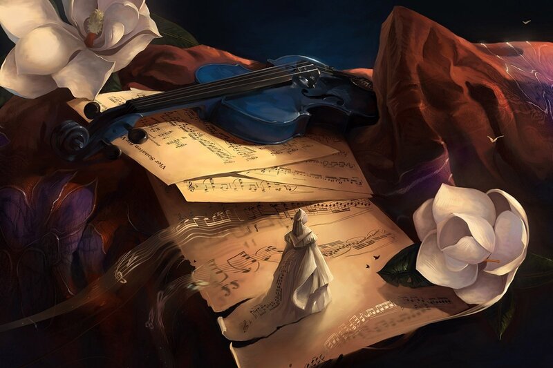 Violin on Sheet Music — Blue, Dramatic, Night
