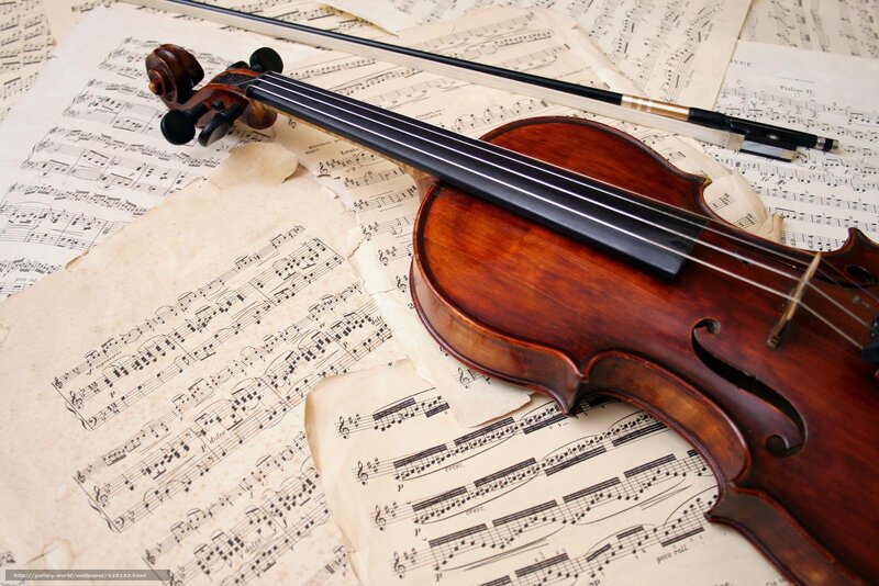 Violin on Sheet Music — Brown, Calm, Photograph, Bow