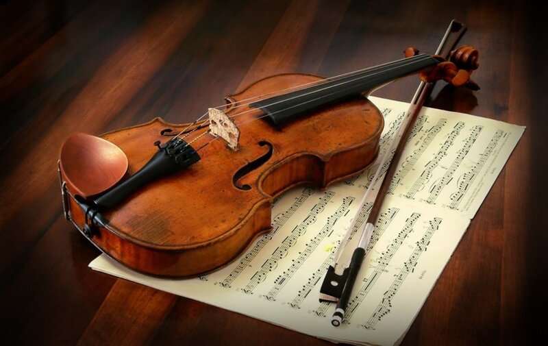 Violin on Sheet Music — Brown, Calm, Photograph, Sheet Music, Bow