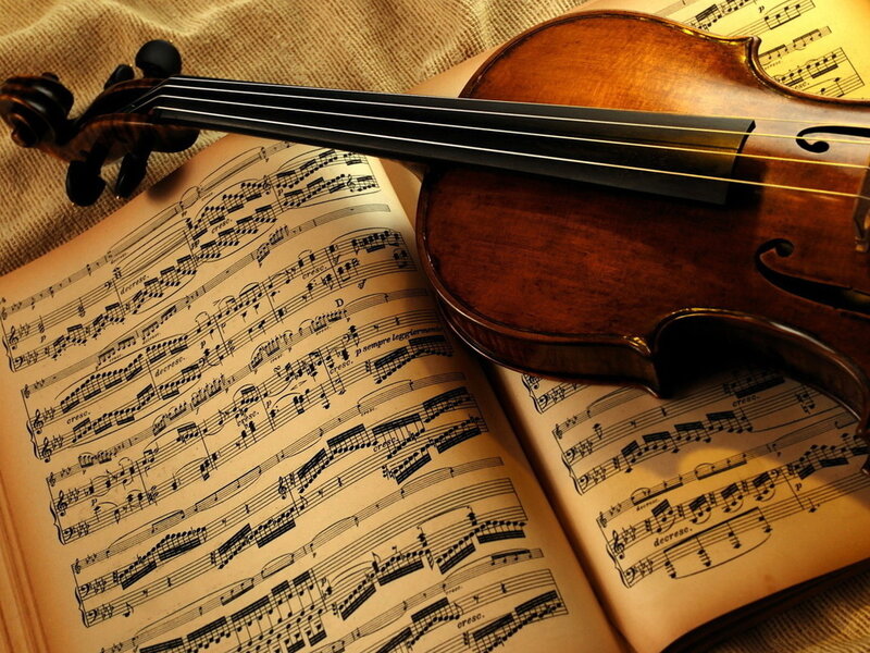 Violin on Sheet Music — Brown, Calm, Photograph, Sheet Music