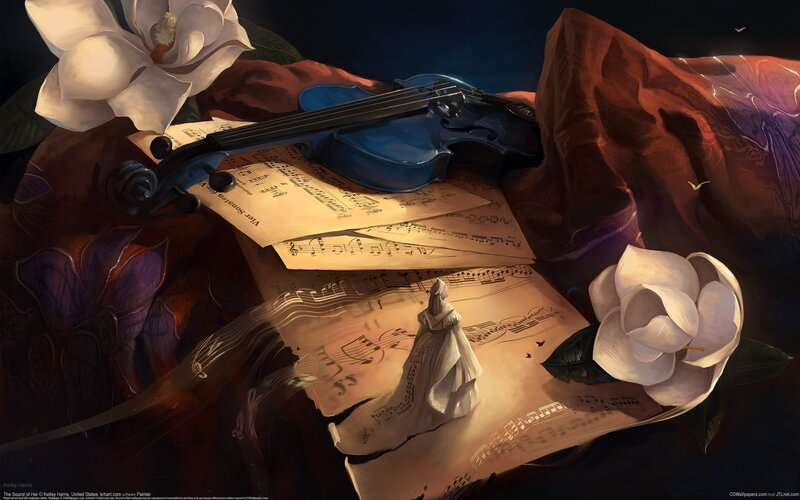 Violin on Sheet Music — Brown, Dramatic, Night, Digital Art