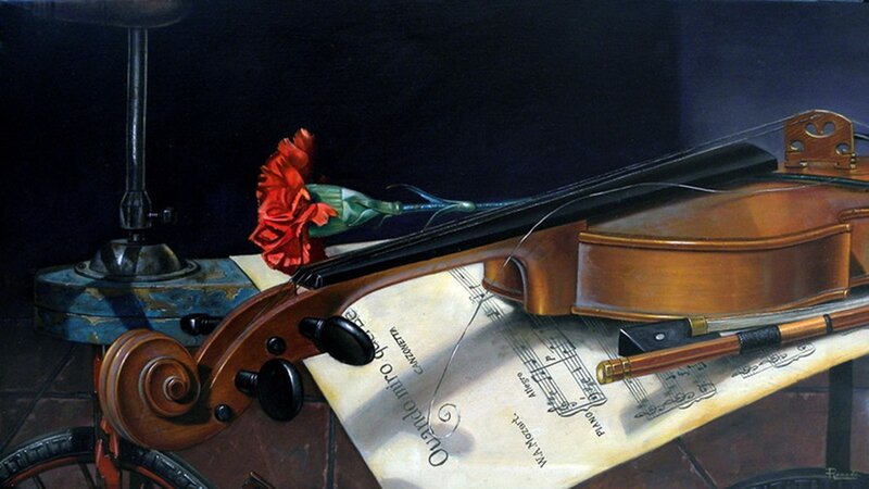 Violin on Sheet Music — Brown, Dramatic, Night, Painting