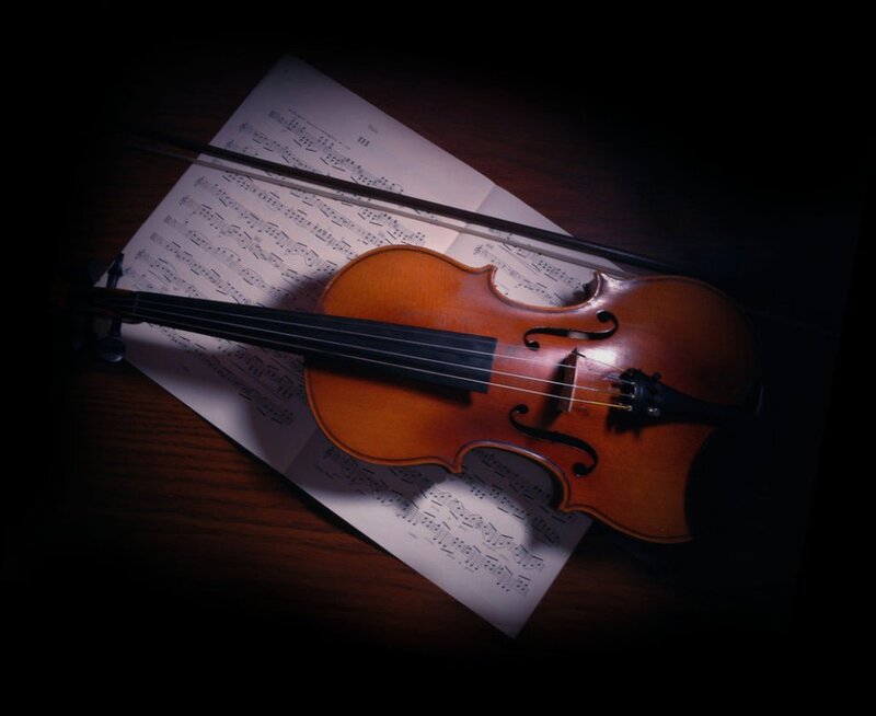 Violin on Sheet Music — Brown, Dramatic, Night, Photograph