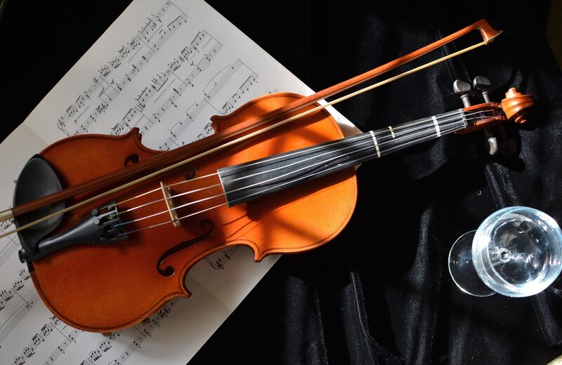 Violin on Sheet Music — Brown, Dramatic, Photograph, Sheet Music, Bow