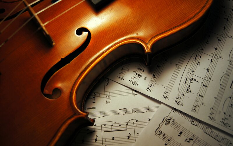 Violin on Sheet Music — Brown, Dramatic, Photograph, Sheet Music, Strings