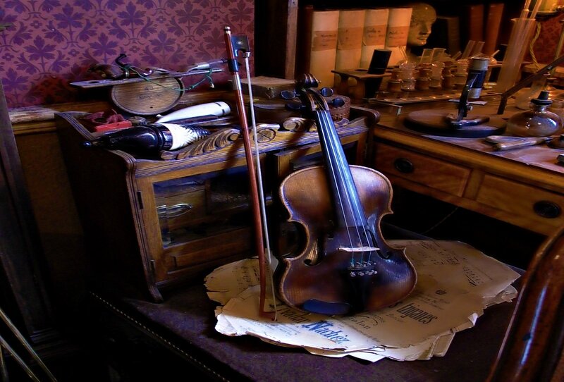 Violin on Sheet Music — Brown, Dramatic, Photograph, Sheet Music