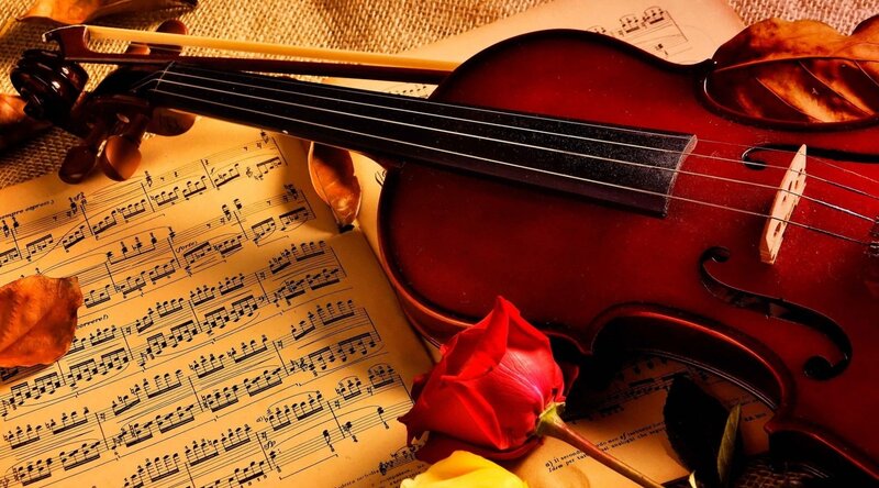 Violin on Sheet Music — Red, Romantic