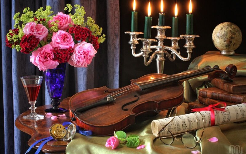 Violin on Table — Brown, Dramatic