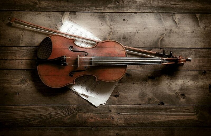 Violin on Wooden Surface — Brown, Dramatic