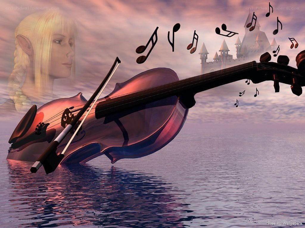 Violin over water with castle