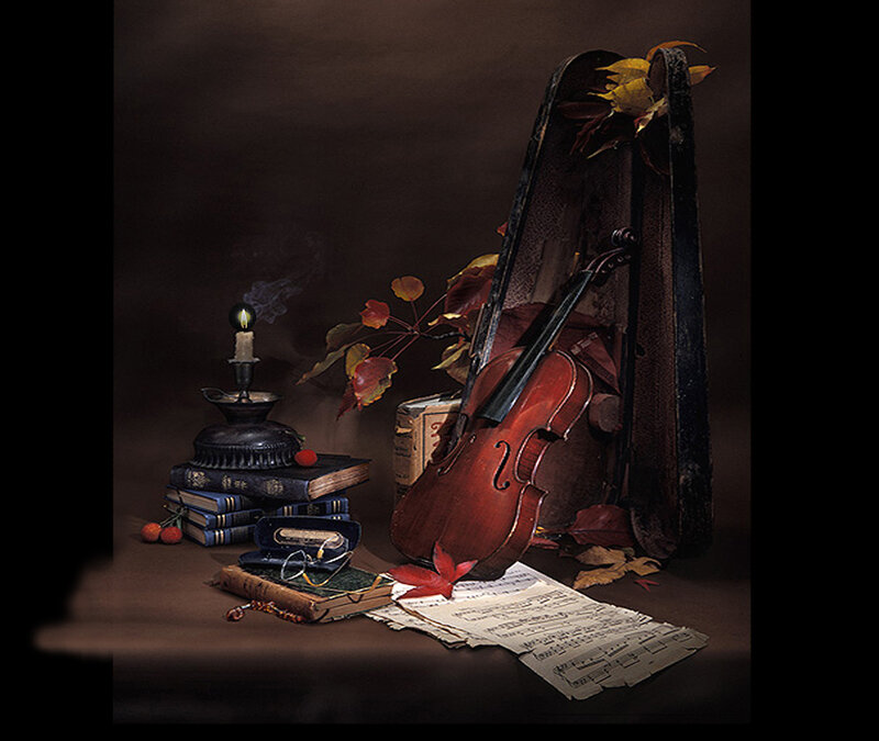 Violin still life with autumn leaves