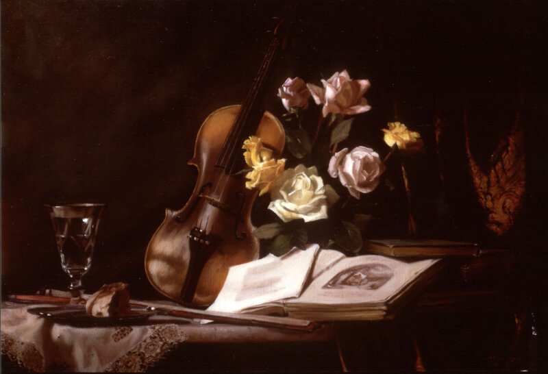 Violin with Flowers and Book