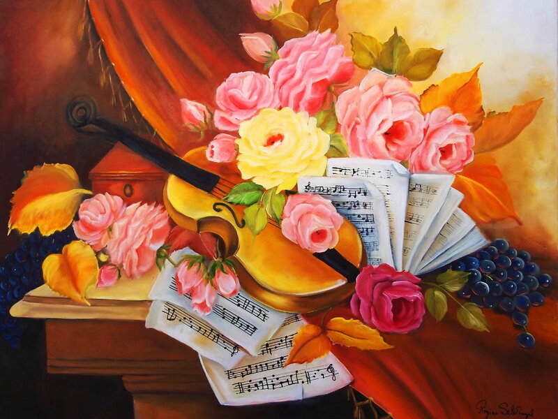Violin with Flowers and Grapes