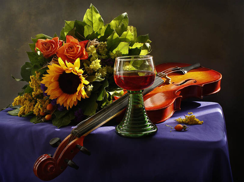 Violin with Flowers and Wine