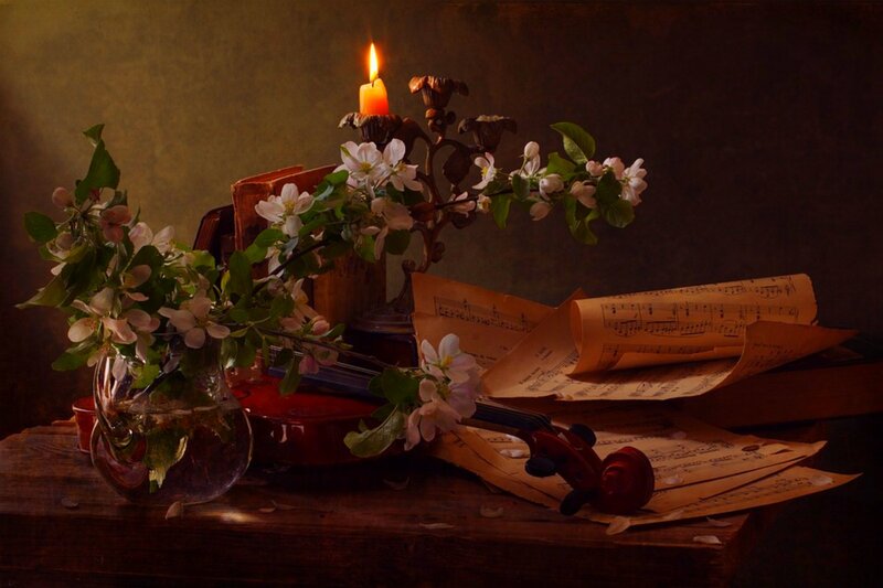 Violin with Flowers — Brown, Dramatic, Night, Photograph