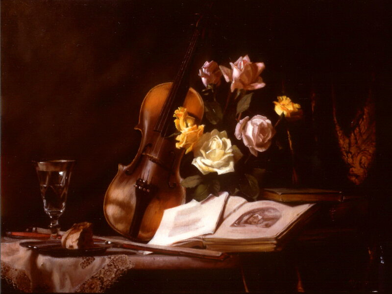 Violin with Flowers — Brown, Dramatic, Painting